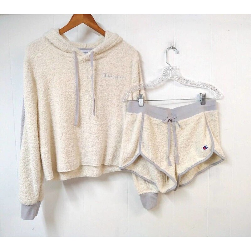 NWOT, Champion Women's Hoodie & Matching Cream & Gray Shorts Set in Size XL